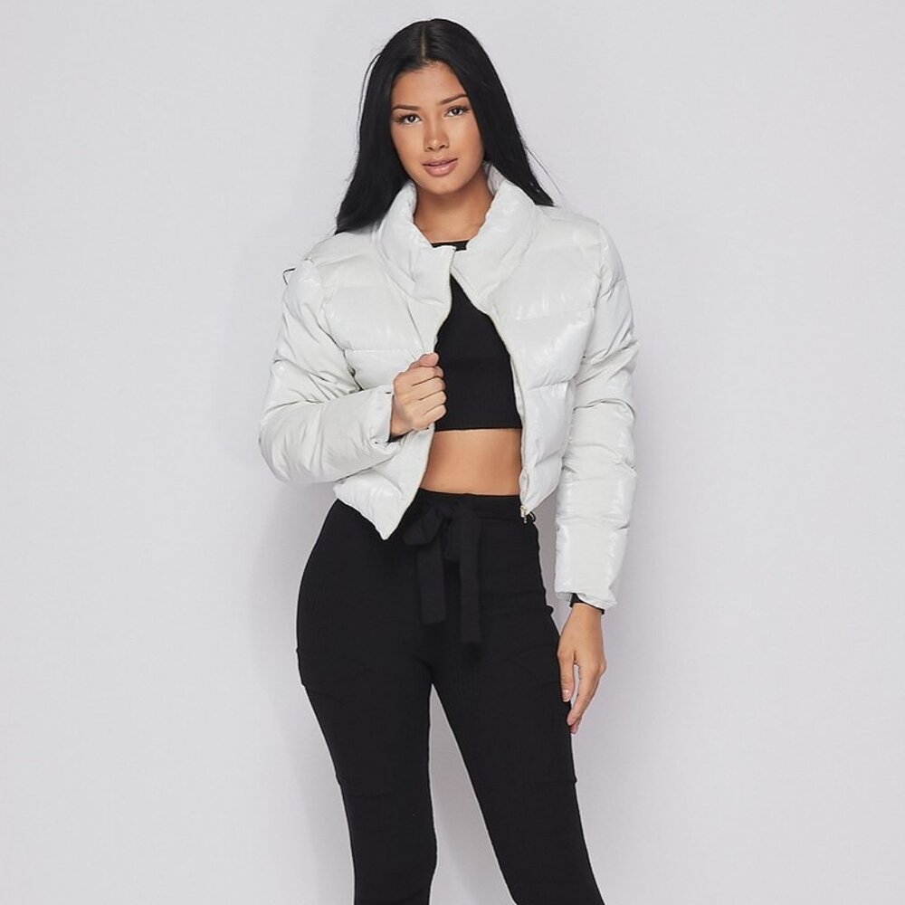 New White Shiny Bubble Crop Jacket Shine Puffer Fashion Coat